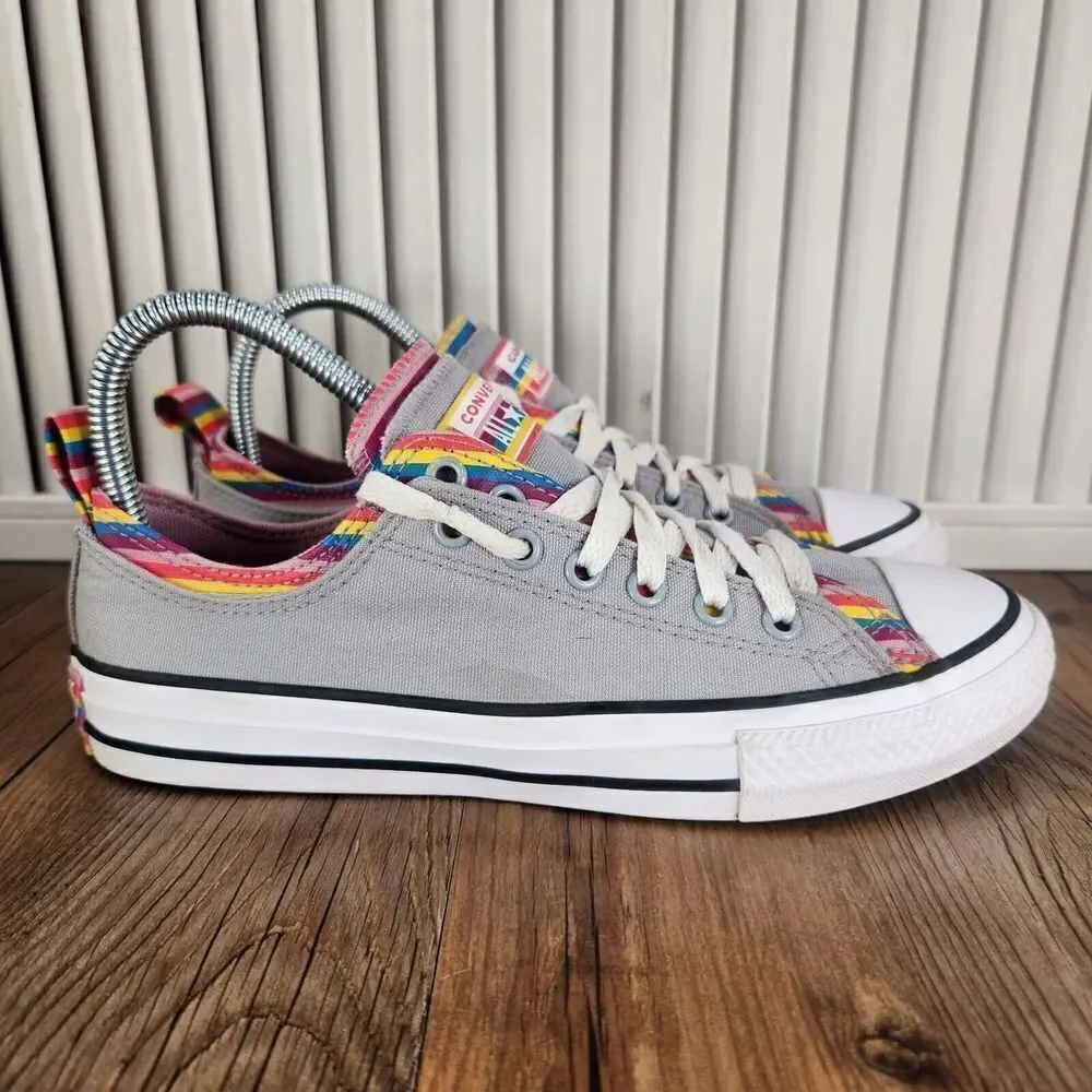 Converse CTAS Junior Sz 5 Gray Rainbow Layered Double Tongue Canvas Skate Shoes